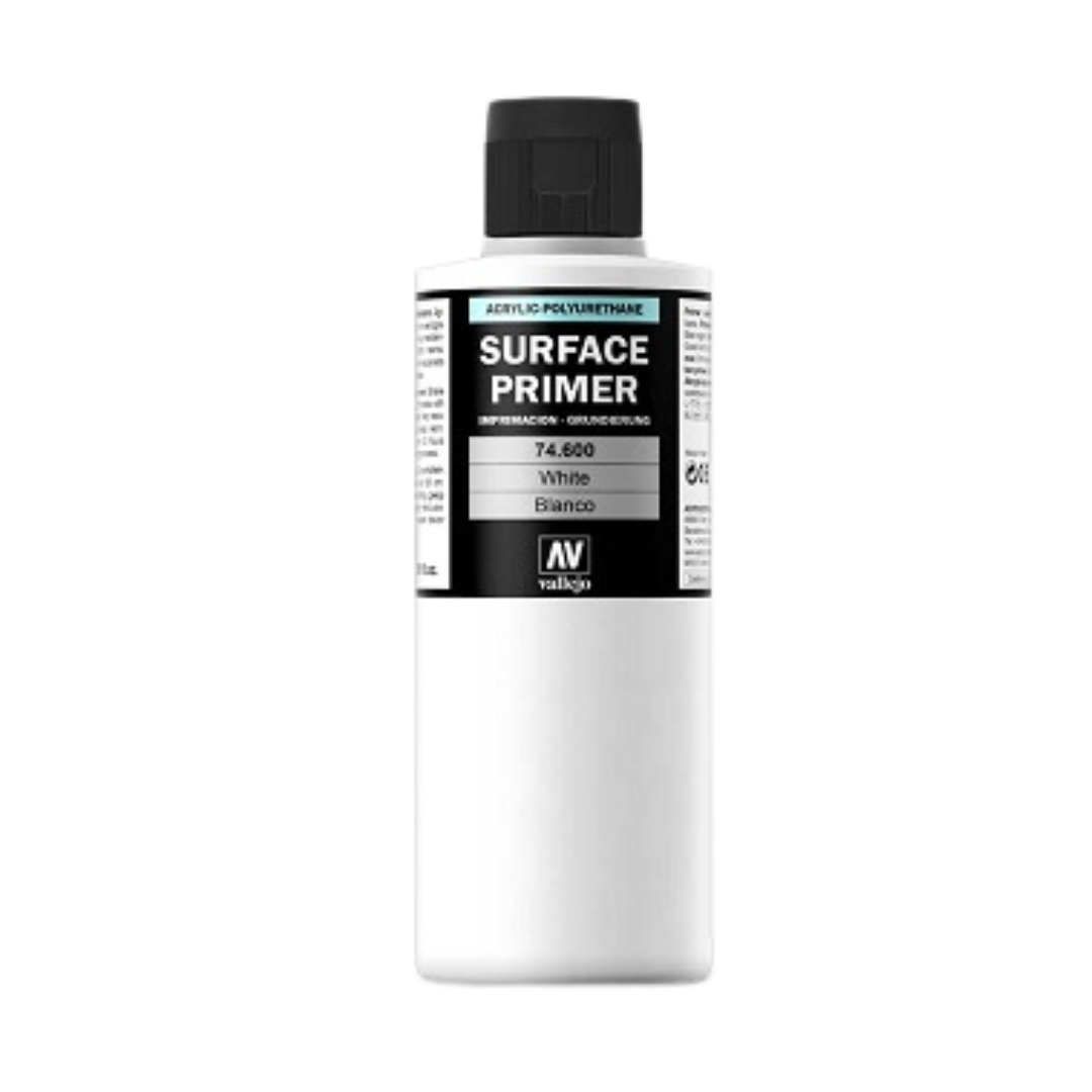 Vallejo Surface Primer White 200ml bottle, acrylic primer for model painting, ensures excellent paint adhesion and fine detail preservation