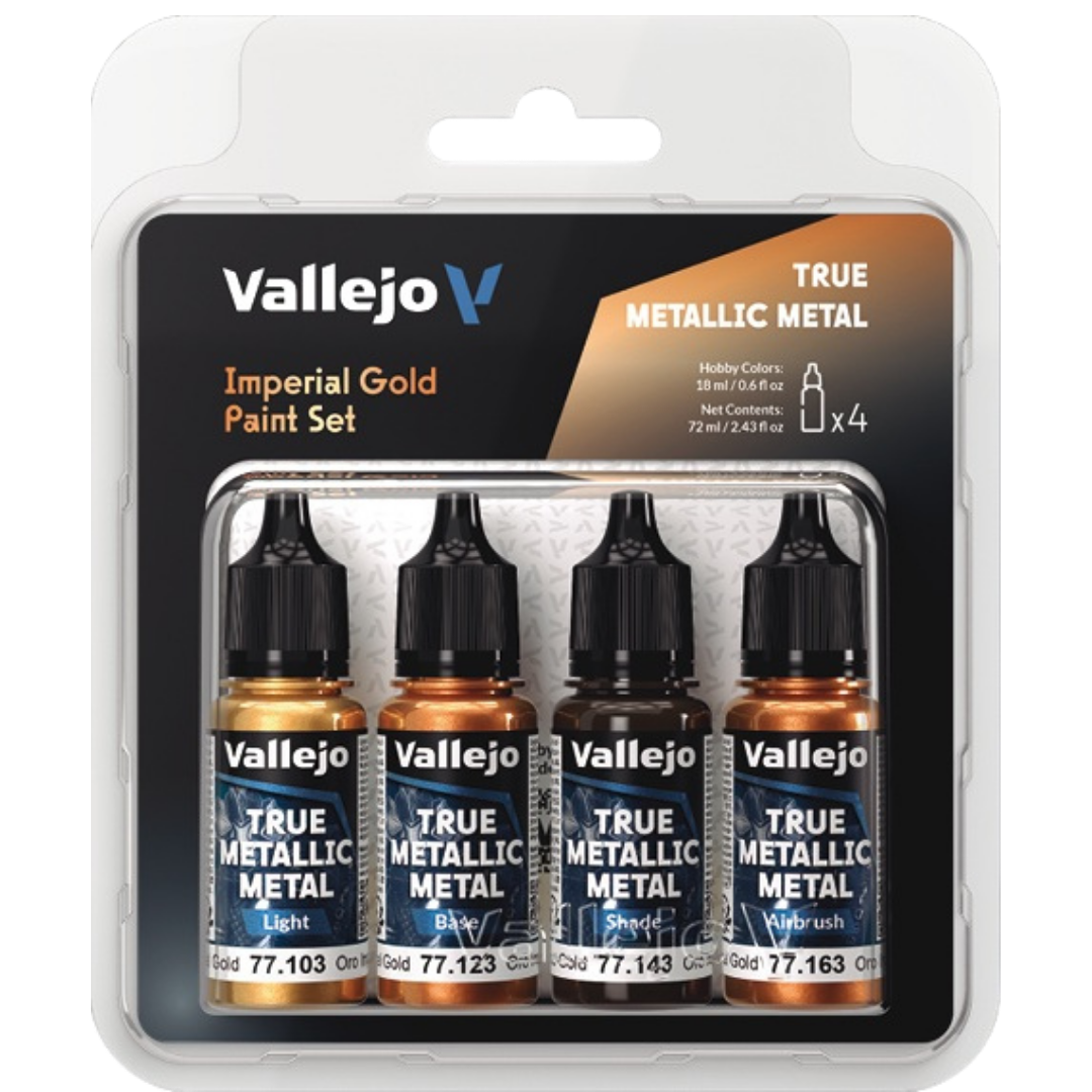 Vallejo True Metallic Metal Imperial Gold paint set of four for miniature and model painting