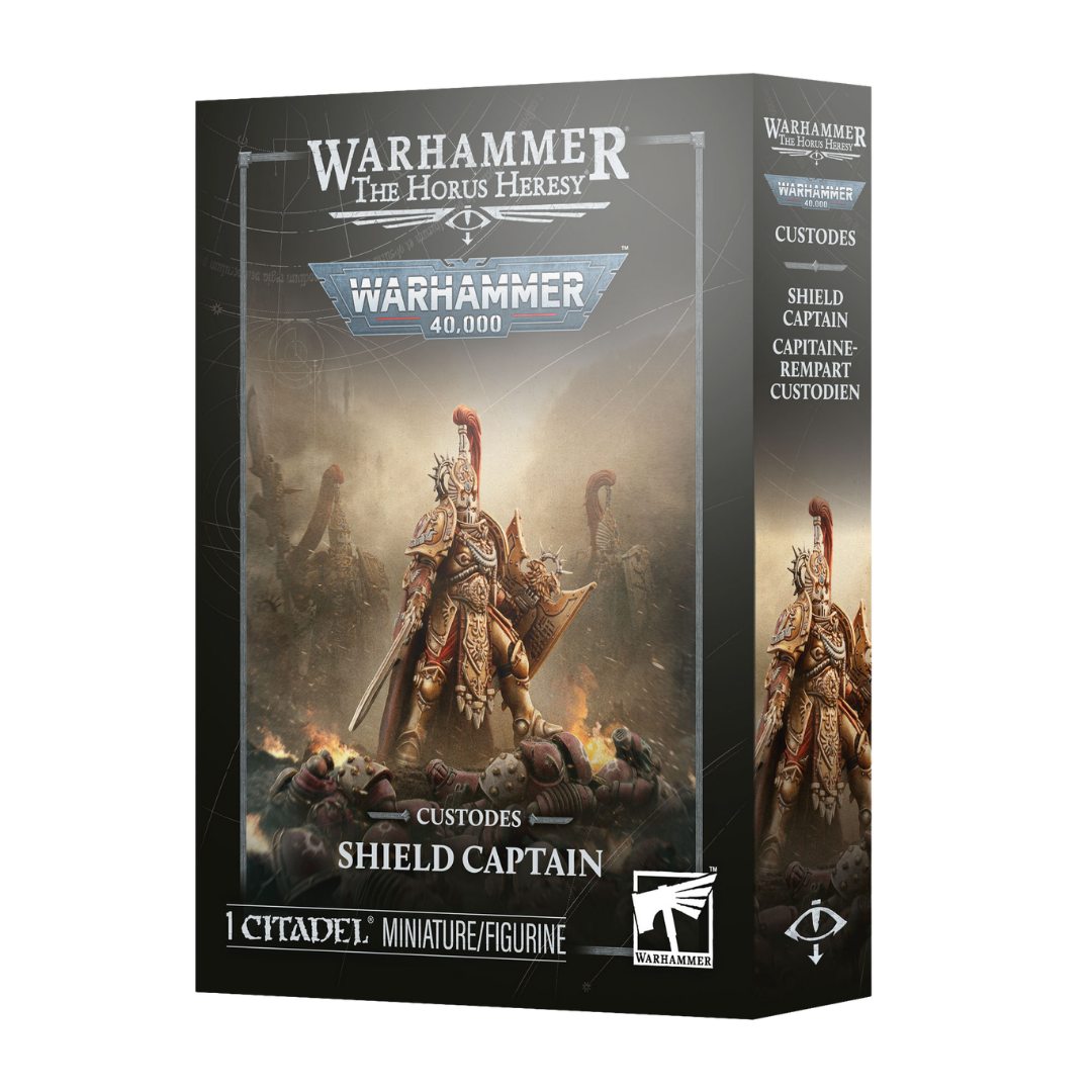 Warhammer 40,000 Adeptus Custodes Shield Captain miniature in ornate golden armor