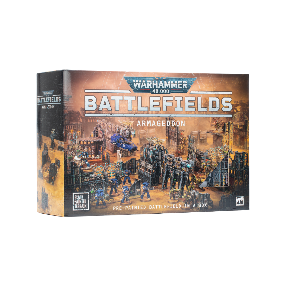 Warhammer 40,000 Battlefields Armageddon ready-painted terrain set with industrial ruins and battlefield scenery
