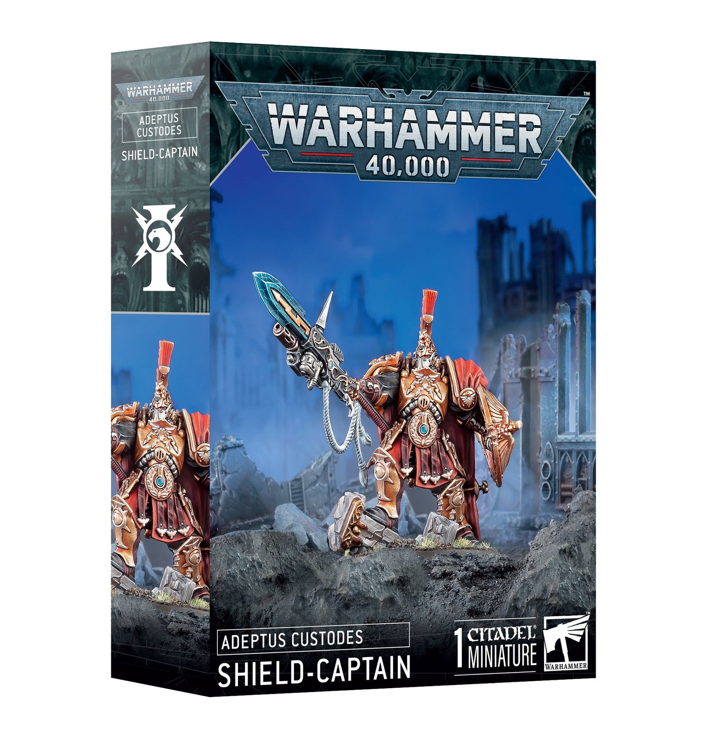 Adeptus Custodes Shield-Captain miniature kit with Pyrithite Spear, Praesidium Shield, braided cords, and helmeted or bare head options for painting and gaming.