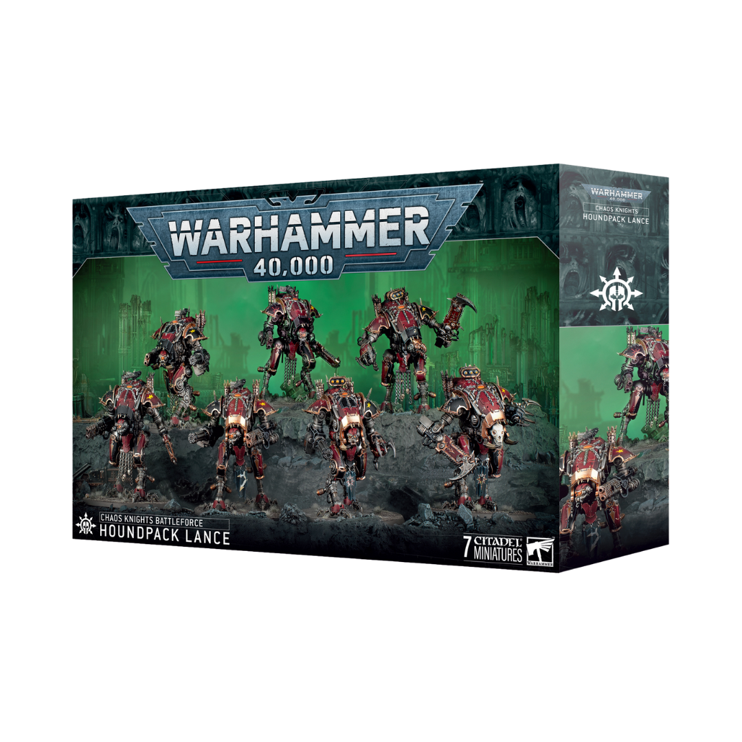 Warhammer 40k Chaos Knights Houndpack Lance Battleforce box featuring Chaos Knight Despoilers and War Dog units in elite formation for tabletop warfare.