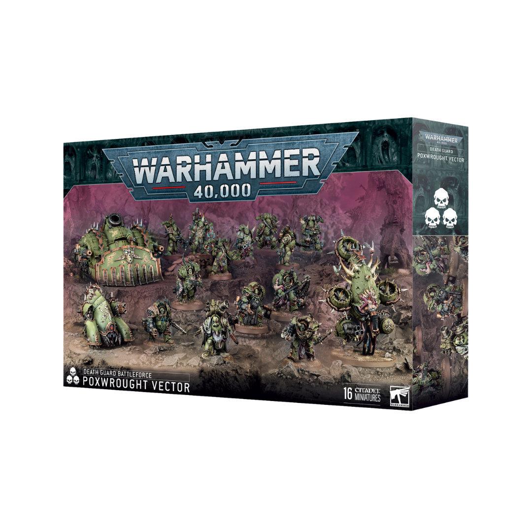 Warhammer 40k Death Guard Poxwrought Vector Battleforce box featuring Nurgle-themed miniatures, Plague Marines, Death Guard army units, and grimdark tabletop war models.