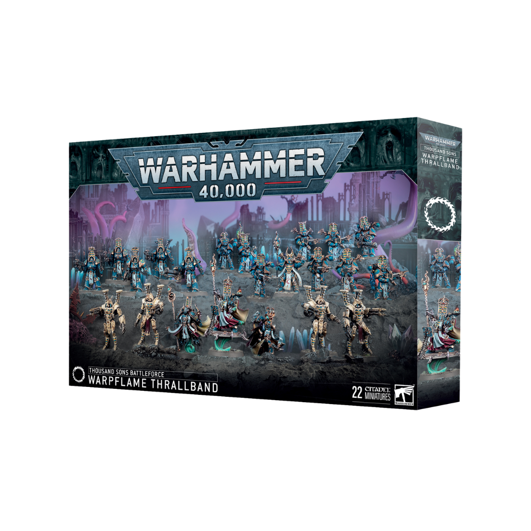 Warhammer 40K Battleforce Thousand Sons Warpflame Thrallband, Chaos army box with Rubric Marines, Exalted Sorcerers, Scarab Occult Terminators, and Sekhetar Robots for Warhammer 40,000.