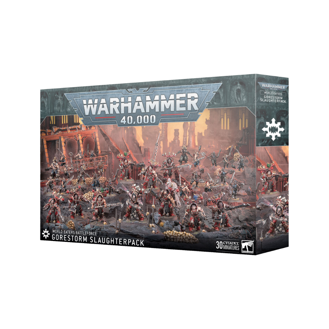Warhammer 40k World Eaters Gorestorm Slaughterpack Battleforce box with Khorne Berzerkers, Chaos vehicles, and World Eaters miniatures for grimdark tabletop warfare.