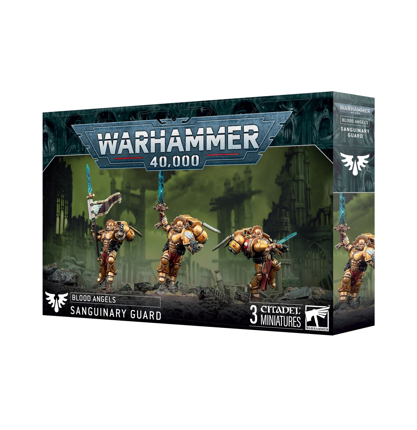 Warhammer 40K Blood Angels Sanguinary Guard miniatures with jump packs, swords, spears, and customizable helmets, perfect for Space Marine collectors.