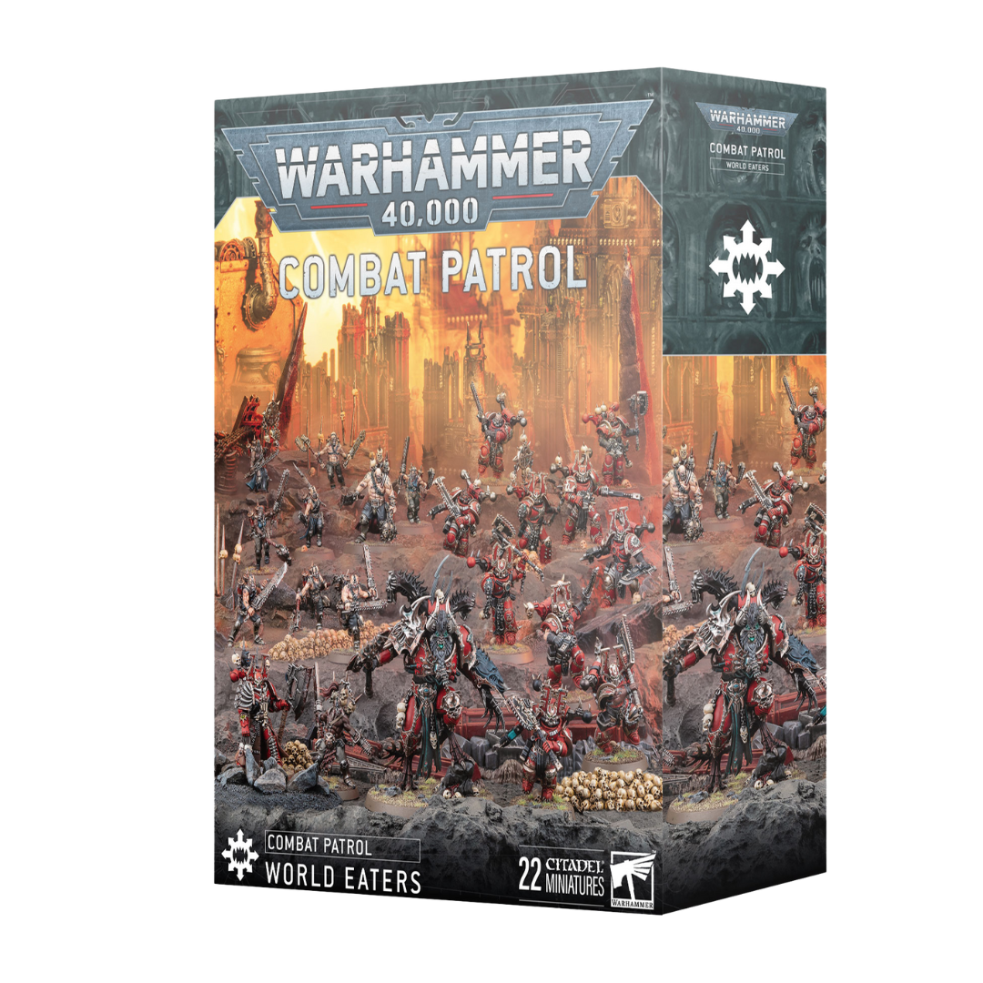 Warhammer 40k Combat Patrol World Eaters box set featuring Khorne Berzerkers, HQ model, and Chaos Space Marines for fast-paced tabletop army building.