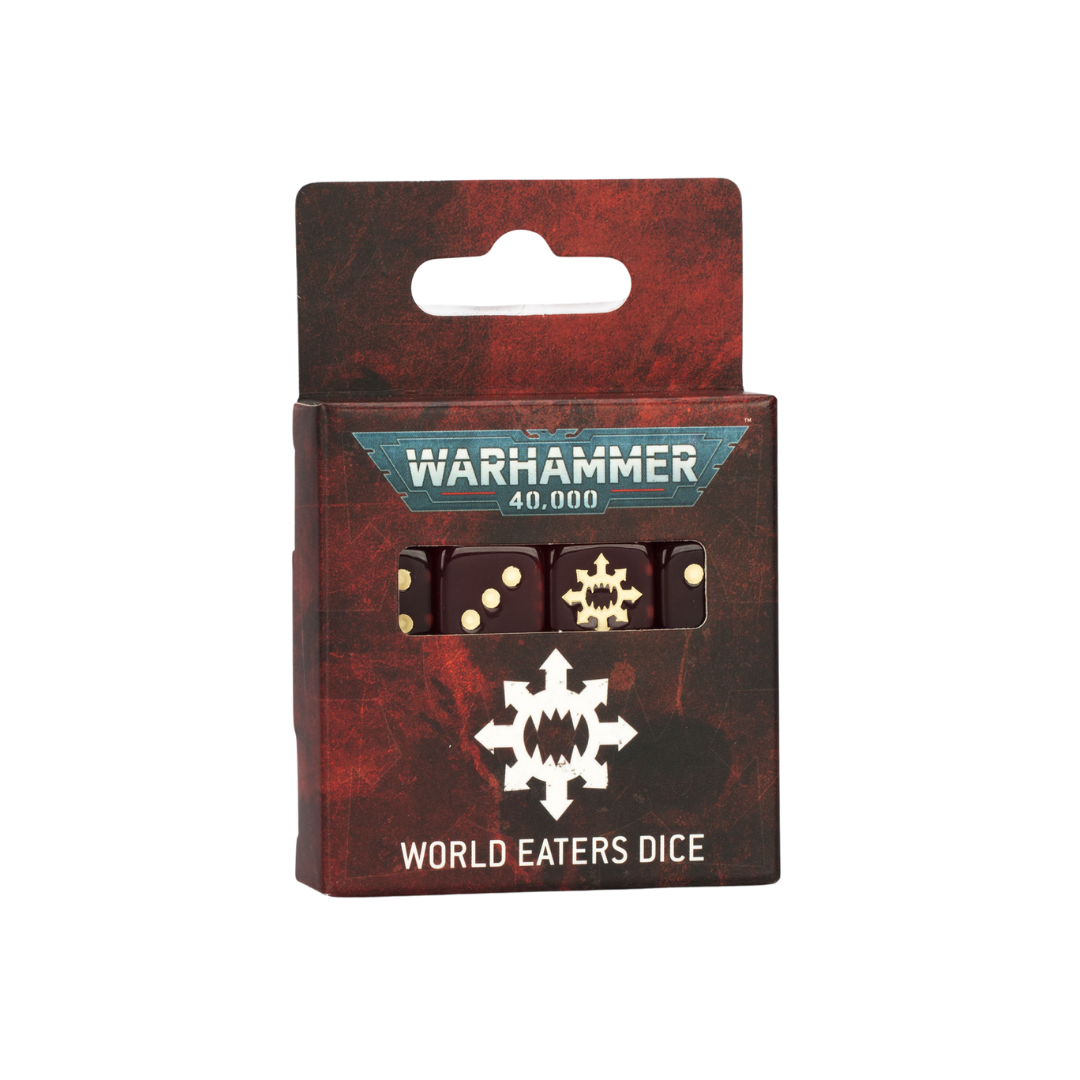 Warhammer 40K World Eaters Dice Set, crimson and bone-colored dice featuring the World Eaters icon, perfect for Khorne-aligned tabletop battles and collectors.