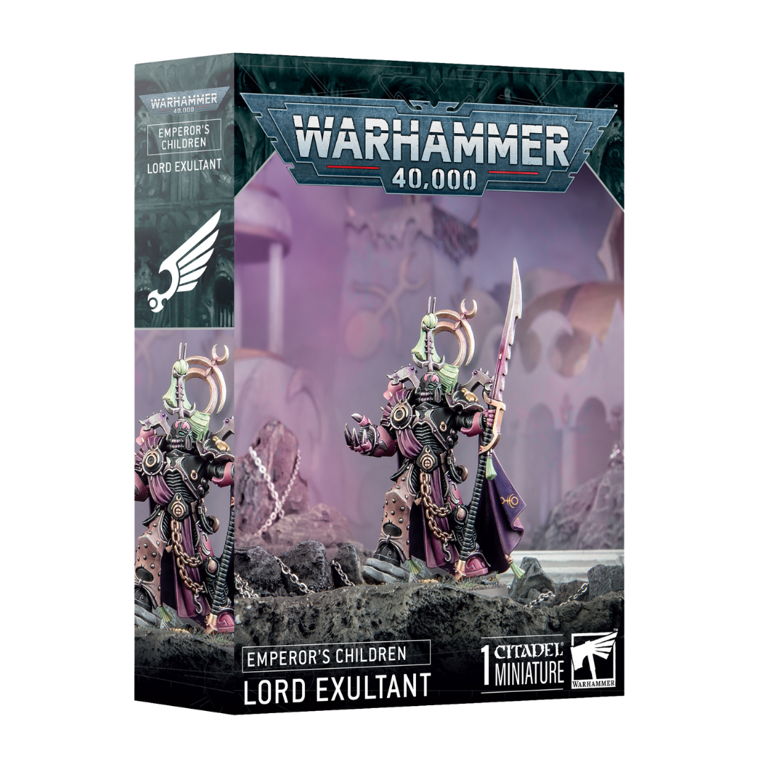 Warhammer 40k Emperor’s Children Lord Exultant miniature featuring ornate Slaanesh-themed armor, dynamic pose, and commanding battlefield presence.