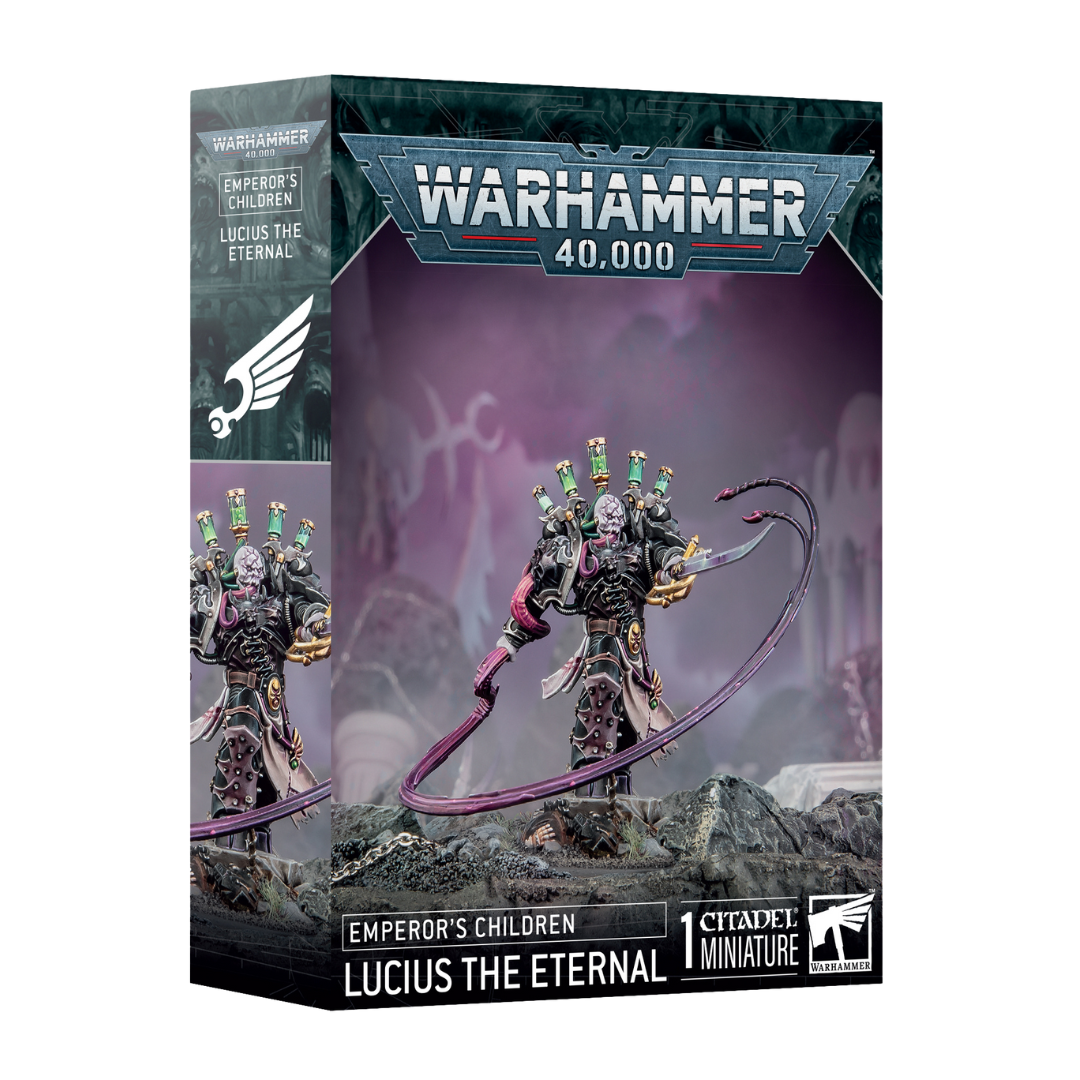 Warhammer 40k Emperor’s Children Lucius the Eternal miniature with ornate armor, signature blade, and detailed Slaanesh-themed sculpt.