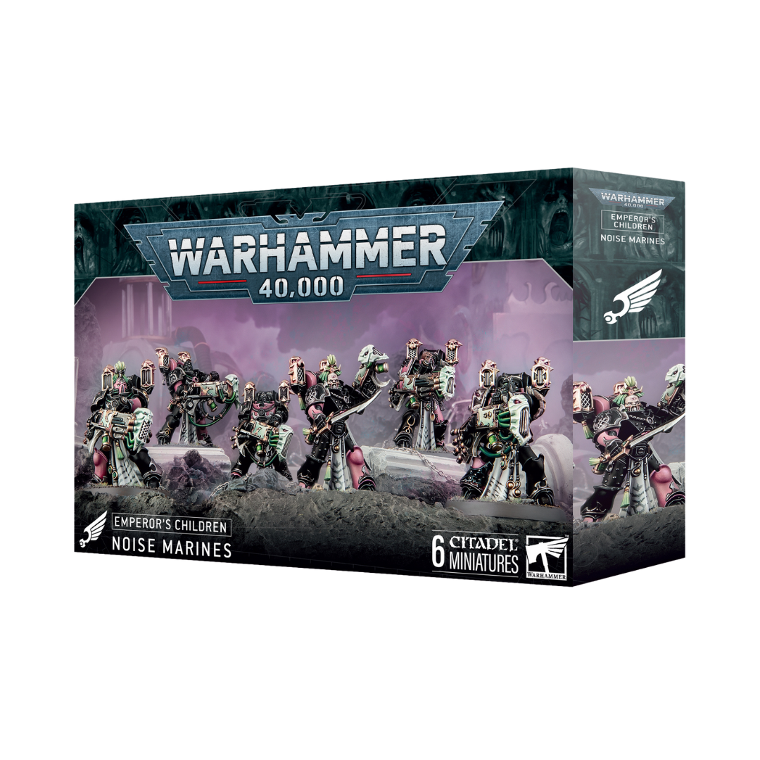 Warhammer 40k Emperor’s Children Noise Marines miniatures with sonic blasters, ornate Slaanesh armor, and high-detail sculpts for chaos armies.