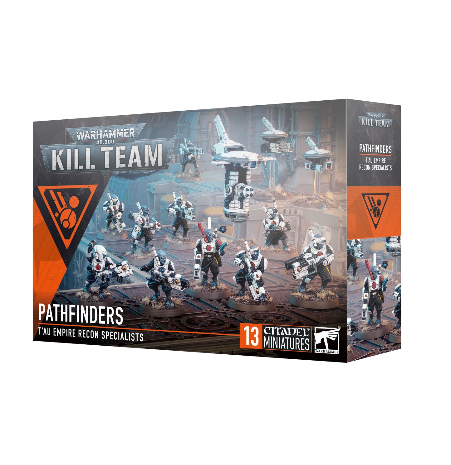 T’au Empire Pathfinder squad kit with 10 miniatures, 3 drones, tokens, and decals for Warhammer 40,000 or Kill Team.