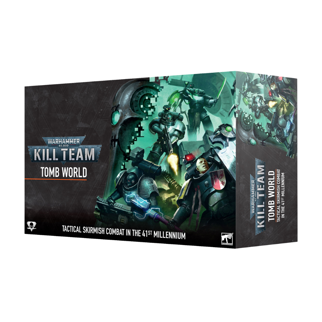 Warhammer 40,000 Kill Team Tomb World box art with Deathwatch operatives fighting Necrons