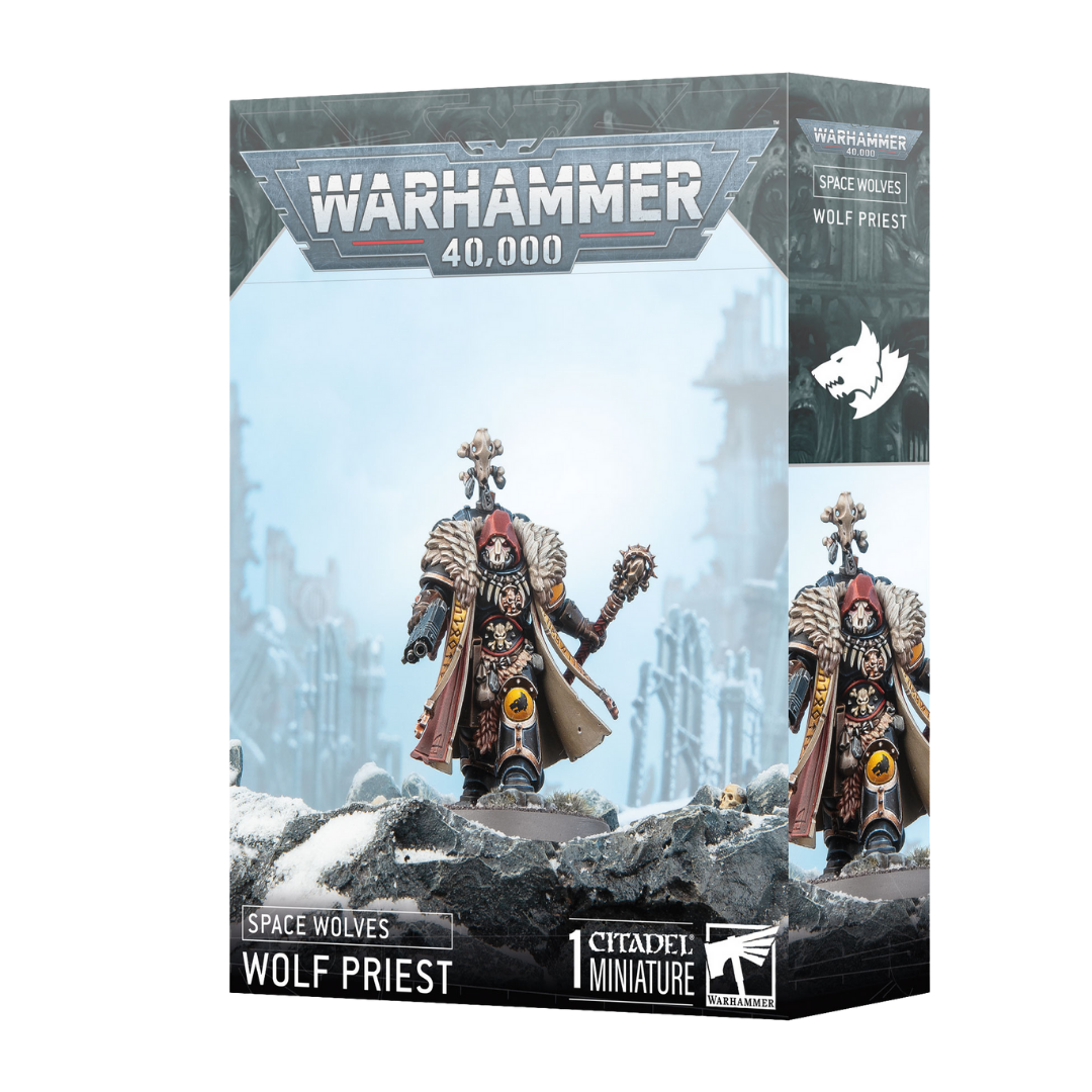 Warhammer 40k Space Wolves Wolf Priest plastic kit with bolt pistol and wolf‑skull helm options