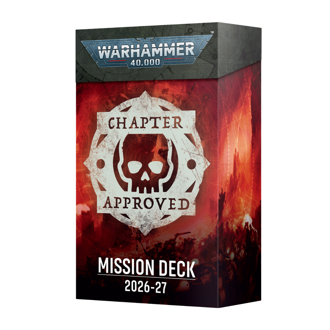 Warhammer 40000 Chapter Approved Mission Deck 2026-27 with mission cards and objective tokens