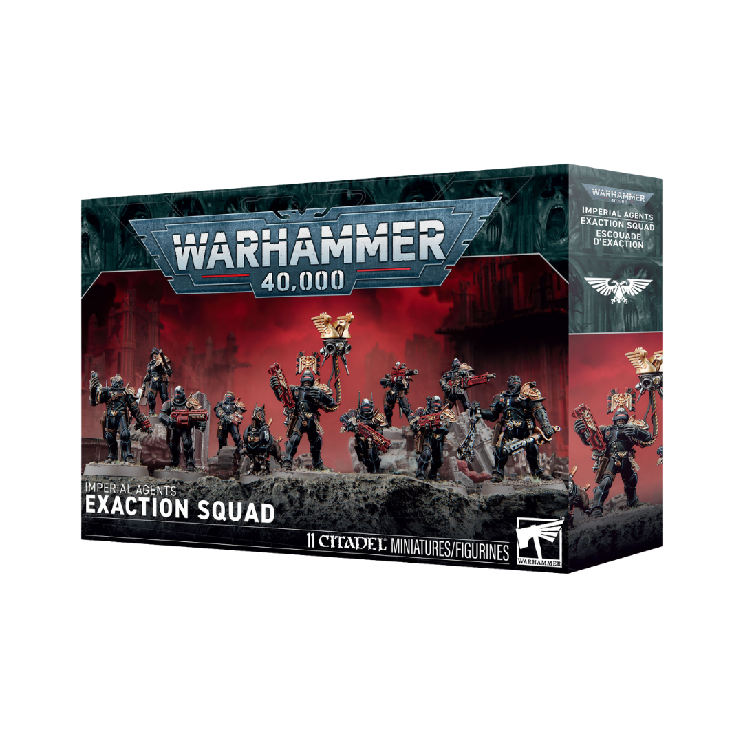 Warhammer 40k Imperial Agents Exaction Squad box with 10 Adeptus Arbites and Cyber-mastiff miniatures.