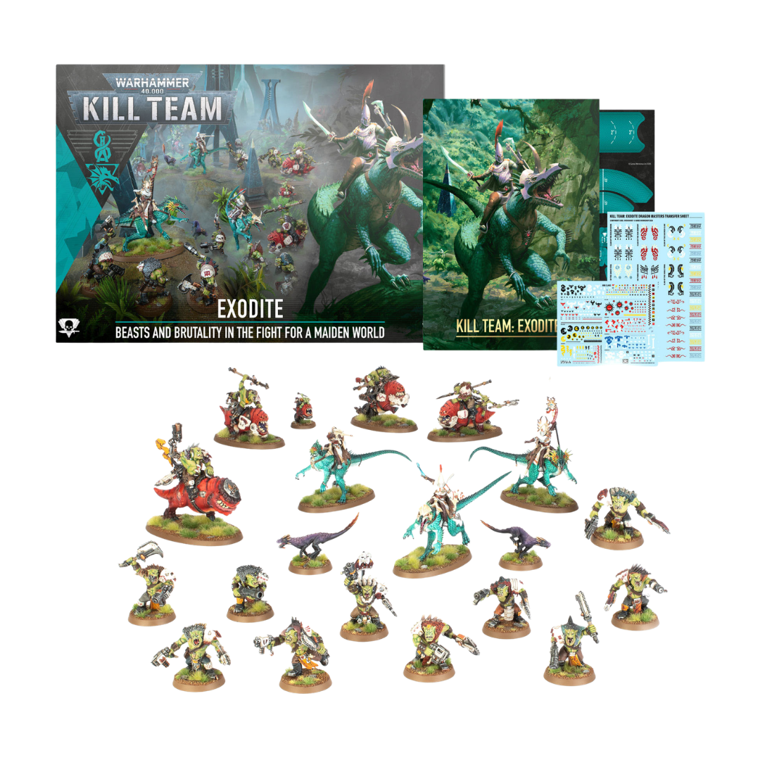 Warhammer 40k Kill Team Exodite box with Exodite Aeldari, Beast Snagga Orks, dossier, datacards and accessories