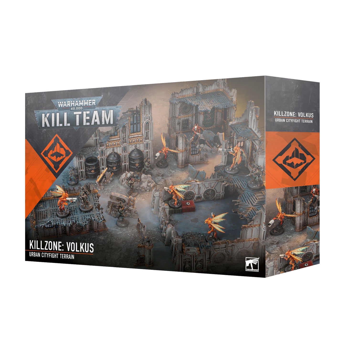 Warhammer 40k Kill Team Kill Zone Volkus terrain set, featuring urban cityfight terrain with two buildings, scatter terrain, large and small ruins, and a double-sided game board. Perfect for Kill Team skirmishes and tactical battles.