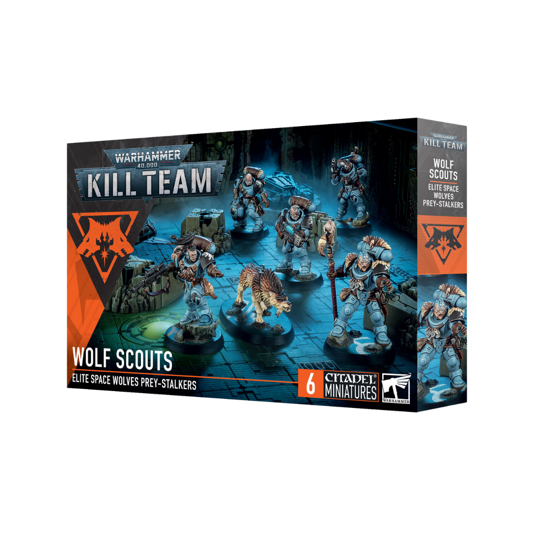 Warhammer 40k Kill Team Wolf Scouts Space Wolves miniatures box art with Fenrisian Wolf