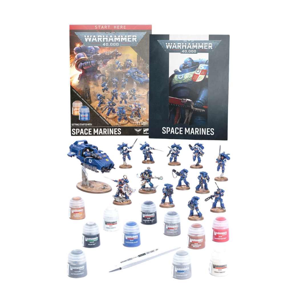 Warhammer 40K Getting Started with Space Marines set including Combat Patrol miniatures, Citadel paints, brush, and hobby guide