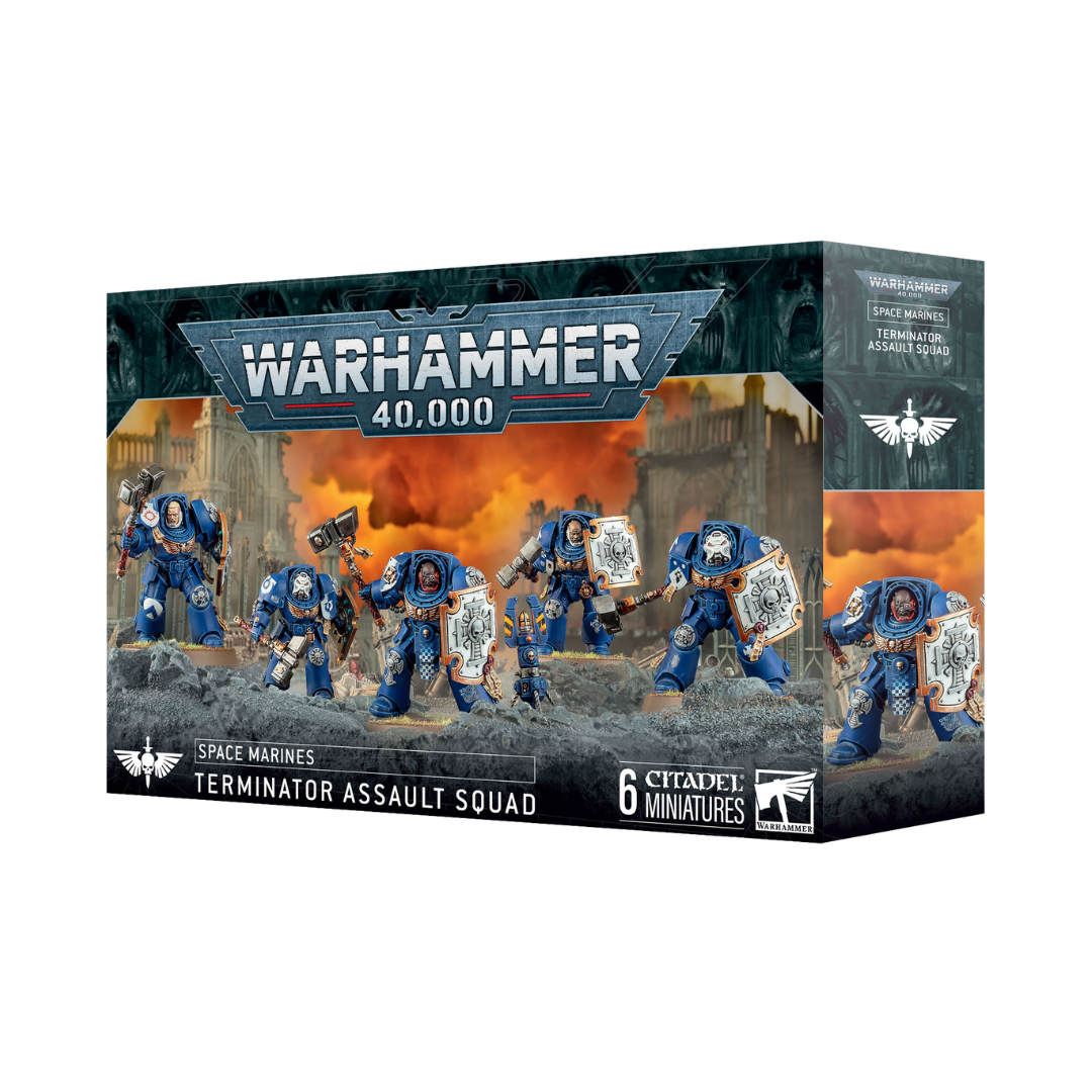 Warhammer 40k Space Marines Terminator Assault Squad kit with six Terminators displayed
