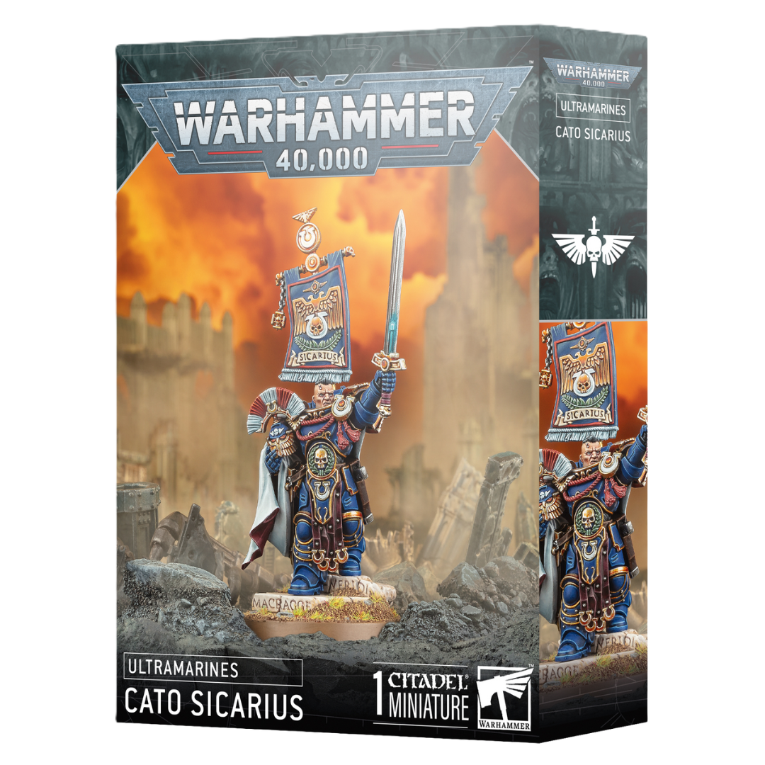 Warhammer 40,000 Ultramarines Cato Sicarius box art and painted miniature
