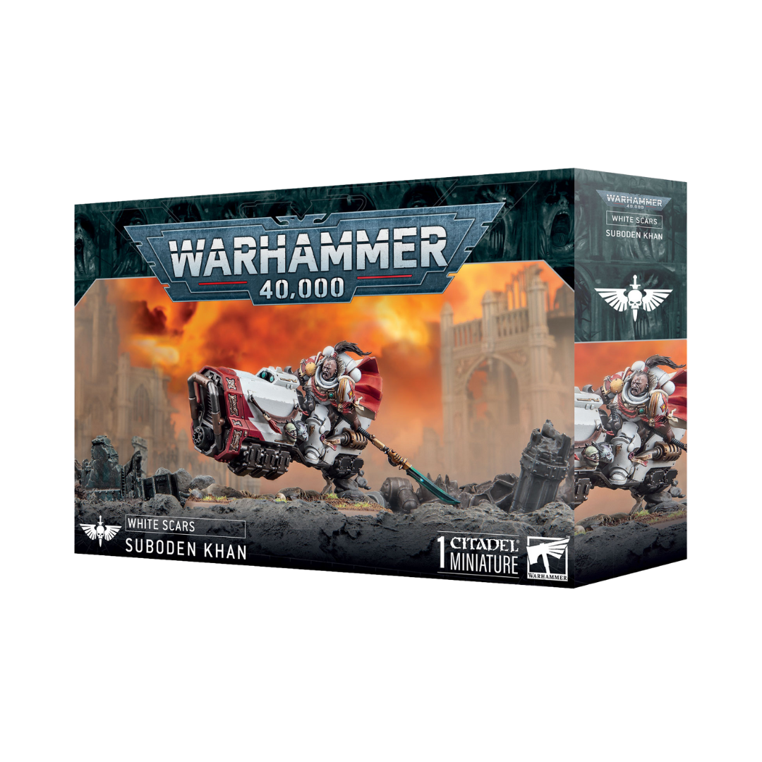 Warhammer 40k White Scars Suboden Khan miniature on grav bike Thunder