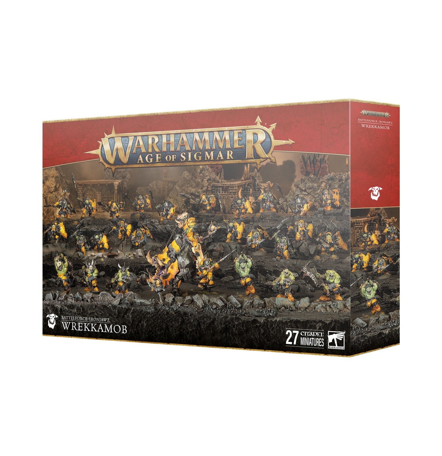 Warhammer Age of Sigmar Ironjawz battleforce featuring 27 plastic miniatures, including a Tuskboss on Maw-grunta, Weirdbrute Wrekkaz, Brute Ragerz, and Ardboyz. Unpainted miniatures with Citadel bases for tabletop wargaming and army building.