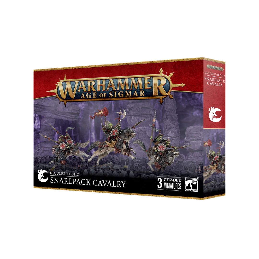 Warhammer Age of Sigmar Gloomspite Gitz Snarlpack Cavalry miniatures, featuring swift goblin riders on feral mounts.