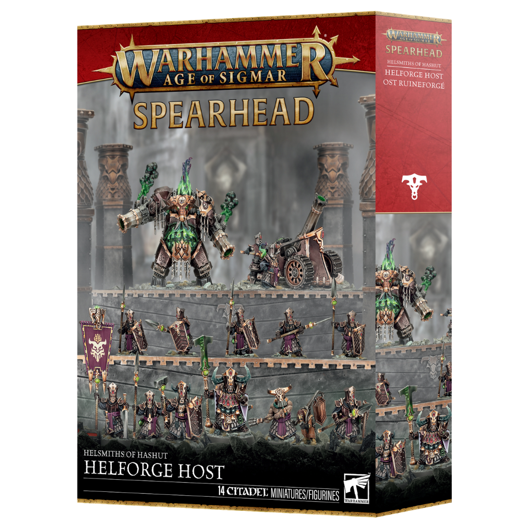 Warhammer Age of Sigmar Helsmiths of Hashut Helforge Host Spearhead box art and assembled miniatures