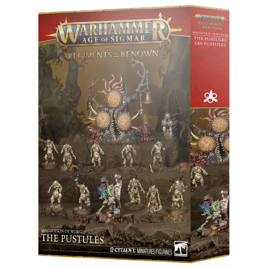 Warhammer Age of Sigmar Regiment of Renown Maggotkin of Nurgle The Pustules box art and assembled miniatures