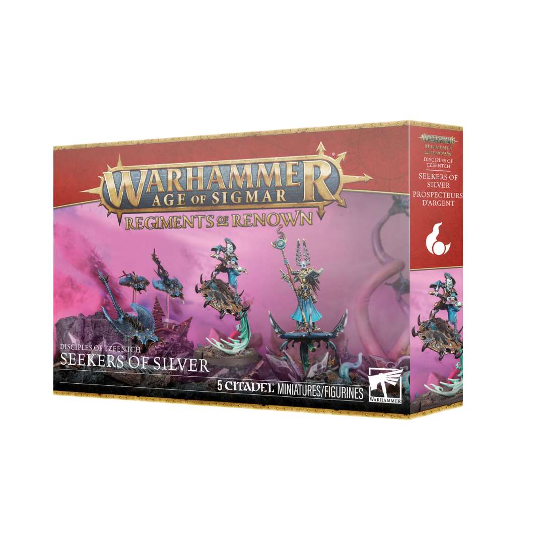 Warhammer Age of Sigmar Regiments of Renown Disciples of Tzeentch Seekers of Silver box art showing Gaunt Summoner, Magister, and Screamers