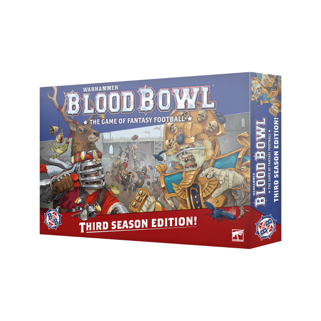 Warhammer Blood Bowl Third Season Edition game set with pitch, teams, and rulebook displayed