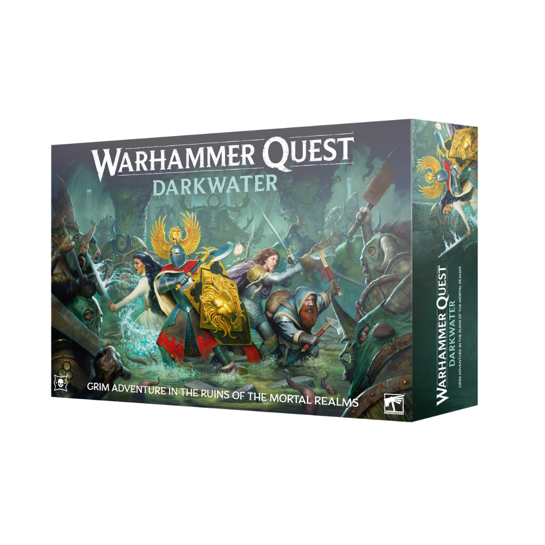 Warhammer Quest Darkwater box art showing heroes fighting corrupted foes in the Mortal Realms