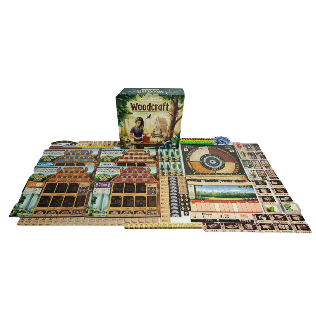 Woodcraft board game featuring dice-based woodcrafting, strategic resource management, and competitive workshop building in a charming forest setting.