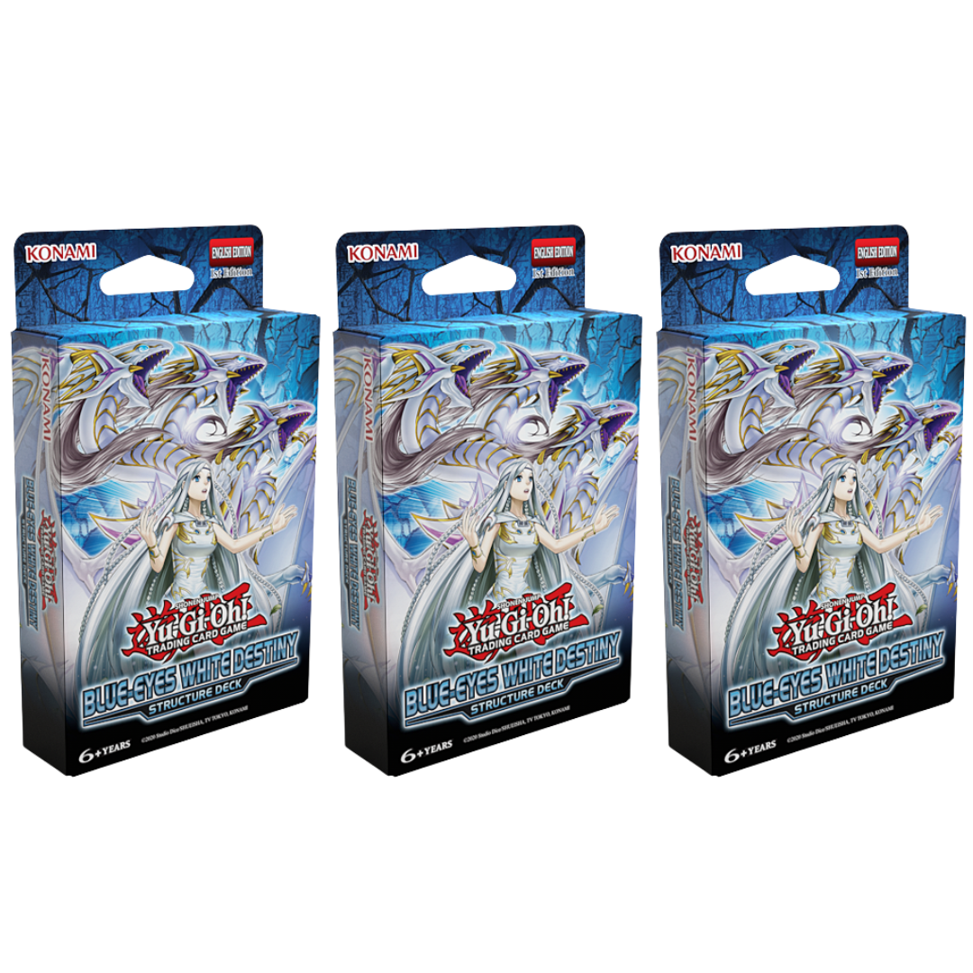 Three Yu-Gi-Oh Blue-Eyes White Destiny Structure Deck boxes featuring Blue-Eyes artwork