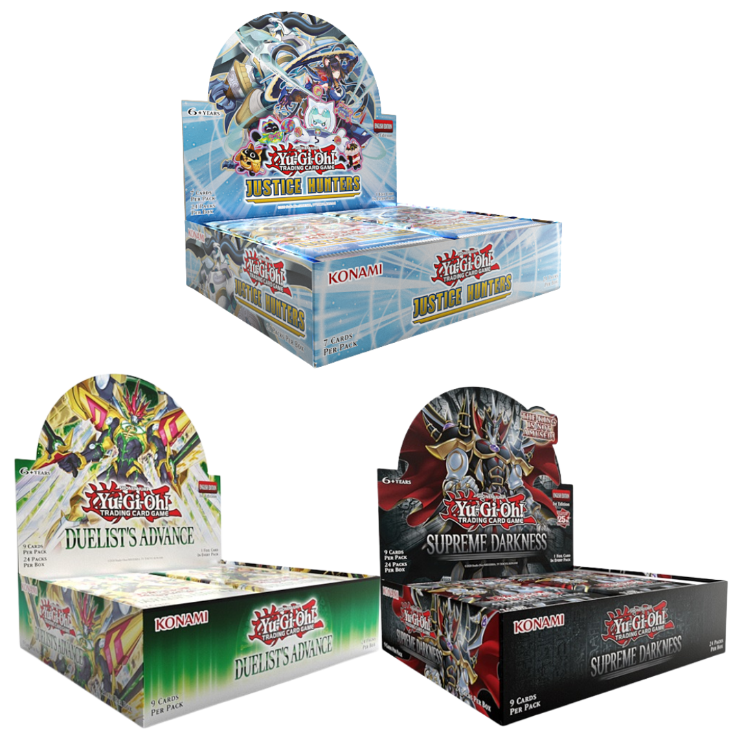 Yu-Gi-Oh Triple Threat Bundle featuring Justice Hunters, Supreme Darkness, and Duelist’s Advance booster displays