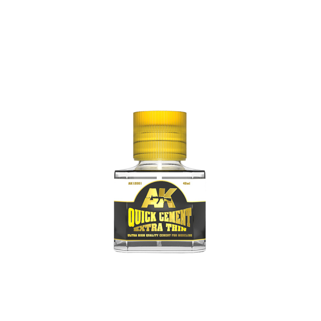 AK Interactive Quick Cement Extra Thin bottle with precision brush applicator for plastic model assembly.