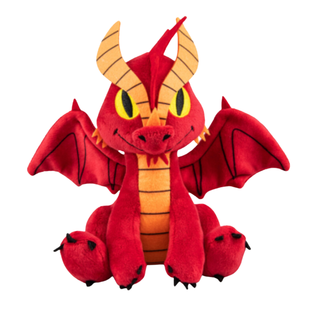 Kidrobot Red Dragon Phunny Plush featuring embroidered details, vibrant red scales, and a soft, huggable design inspired by Dungeons & Dragons.