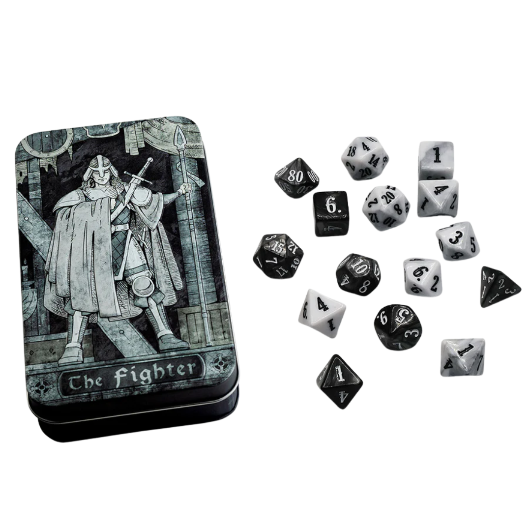 beadle and grimms the fighter dice set box and dice shown
