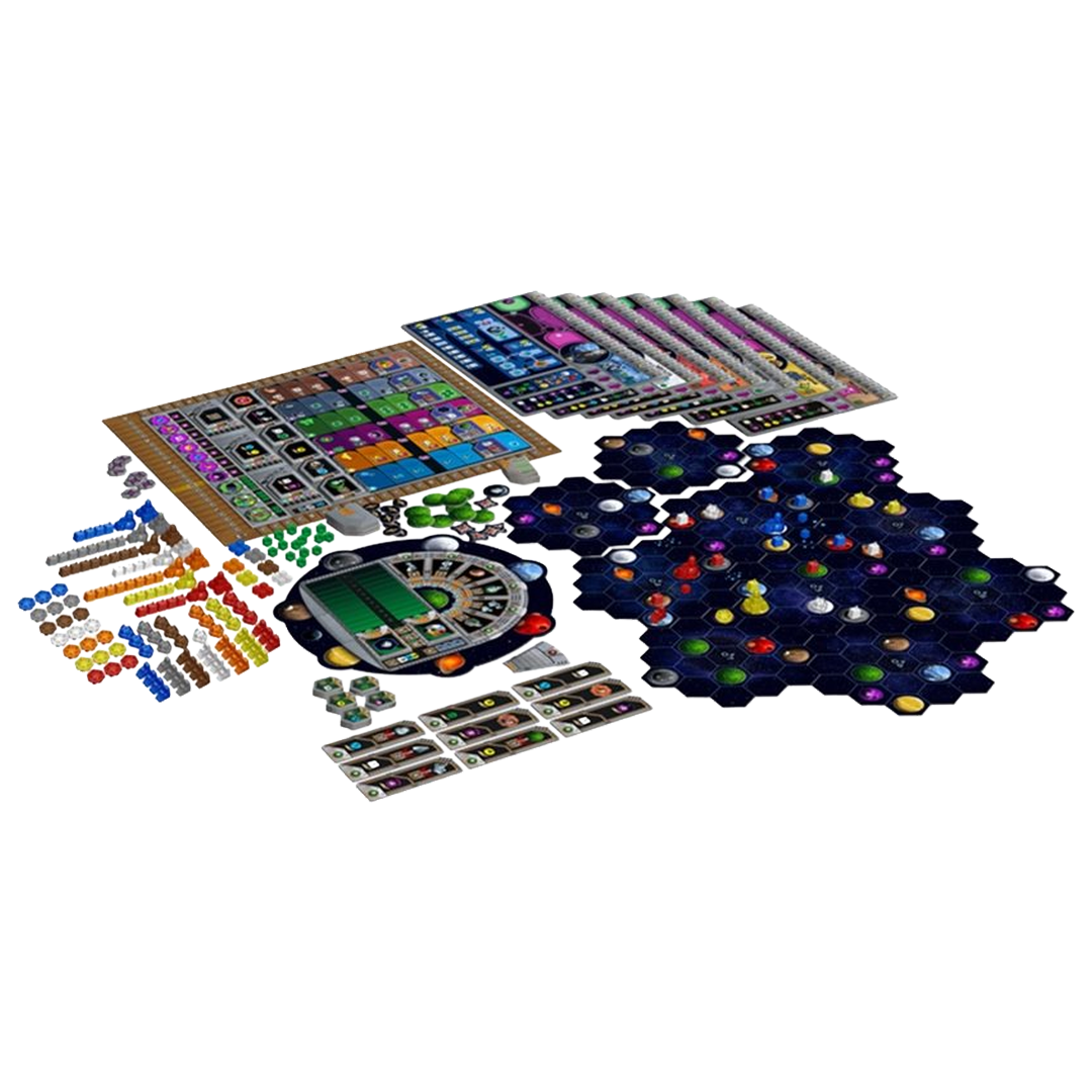Gaia Project components: hexagonal space sector tiles, faction boards, tech tiles and coloured structures.