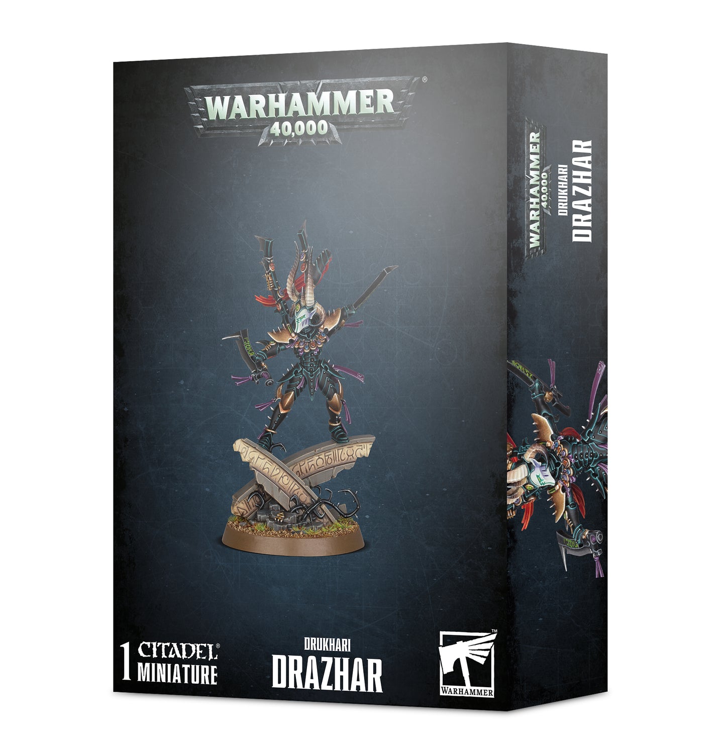 Warhammer 40K Drazhar miniature, Drukhari Incubi leader wielding twin demiklaives, detailed plastic model for collectors and gamers.