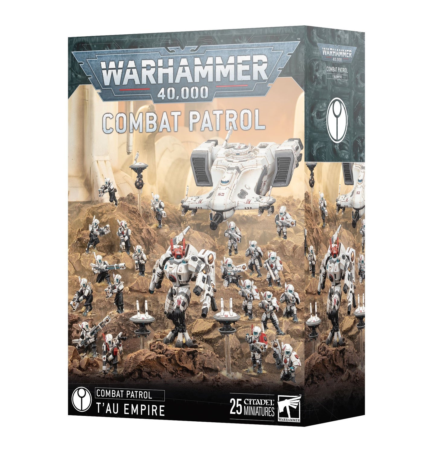 Combat Patrol: T'au Empire boxed set for Warhammer 40k, featuring Commander, Devilfish, Fire Warriors, Pathfinders, and drones. Unpainted models with decals.