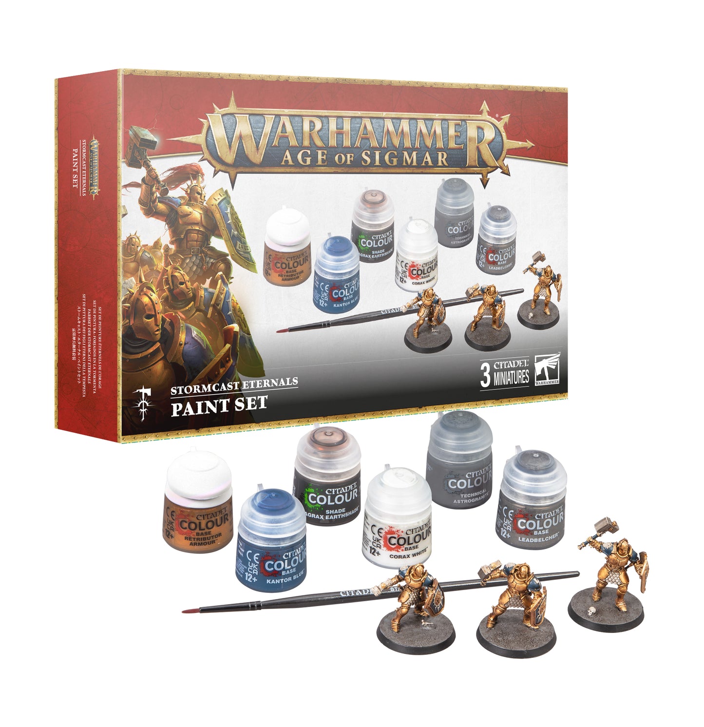 Stormcast Eternals Liberator set with paints, brush, and 3x 40mm round hex hole bases. Includes paints for easy painting.