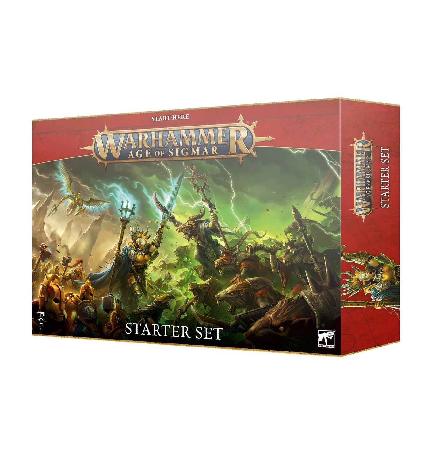 Warhammer Age of Sigmar starter set with Stormcast Eternals and Skaven miniatures, gaming mat, dice, rulers, and a 64-page handbook.