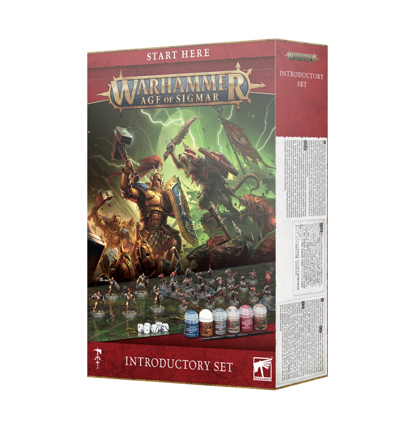 Warhammer Age of Sigmar starter set with Stormcast Eternals and Skaven miniatures, paints, brush, dice, and a playing mat.