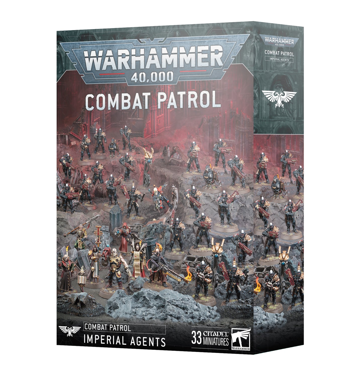 Imperial Agents Combat Patrol set including 1 Ministorum Priest, 1 Eversor Assassin, 6 Inquisitorial Agents, 20 Vigilant Squad, and more.