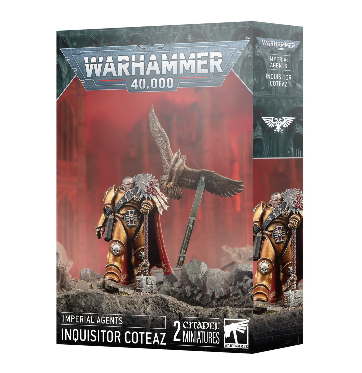 Warhammer 40K Inquisitor Coteaz plastic miniature kit with Glovodan Psyber-eagle, featuring intricate details and a commanding presence for Imperial Agents.