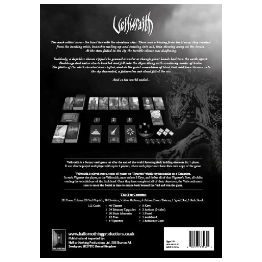 Veilwraith card game featuring a haunting post-apocalyptic fantasy setting, deck-building mechanics, and solo or multiplayer gameplay options.