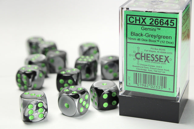 Chessex - 12D6 - Gemini - Black-Grey/Green Pips